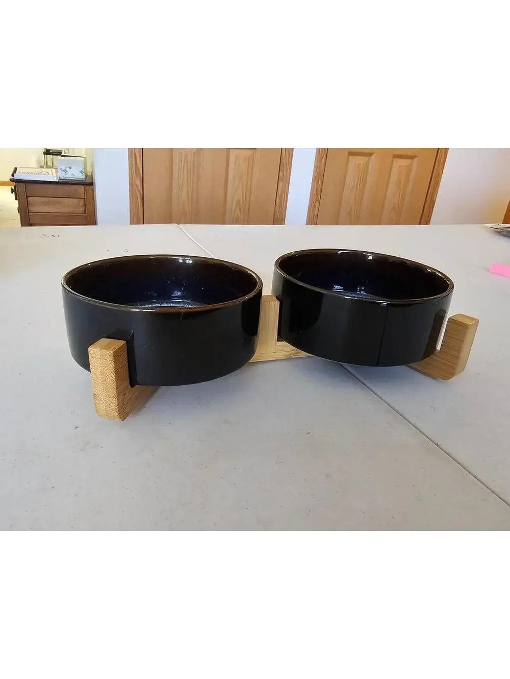 LE TAUCI Dog Bowls Ceramic, Bowl Set with Acacia Wood Stand,